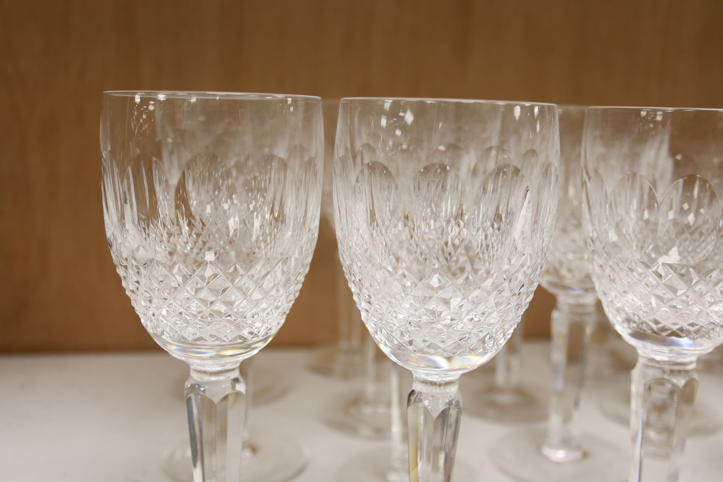 A collection of Waterford Colleen cut glasses and port glasses and two Lismore cut tumblers